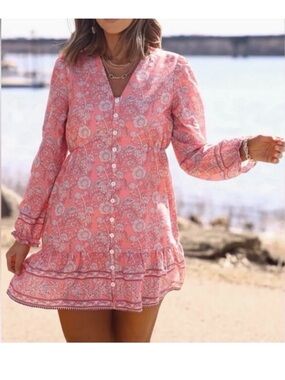 Pink Floral Print Buttoned Mini Dress